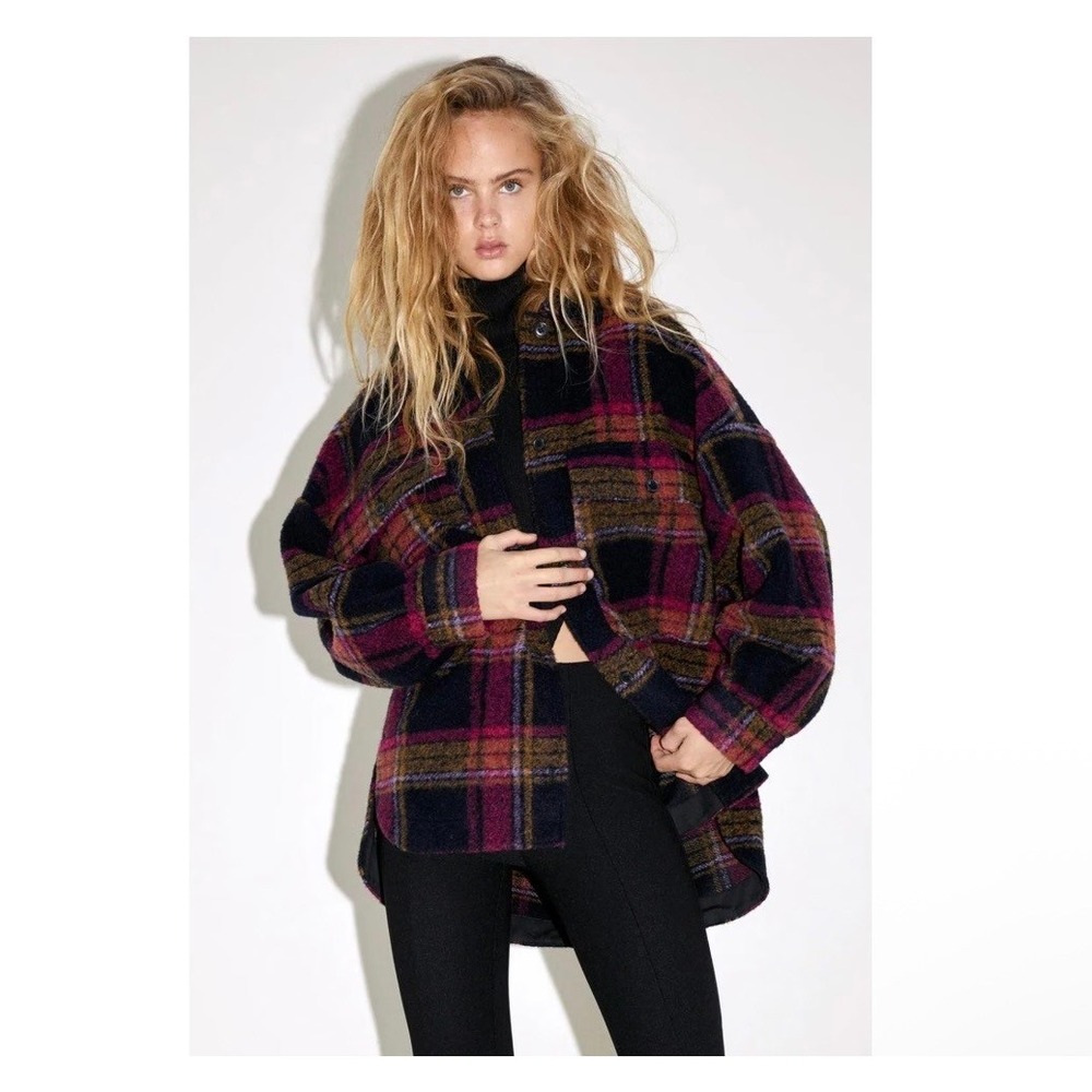 Zara Plaid Wool Blend Oversized Shacket Over Shirt Coat Pink Multi S/M